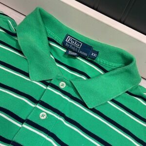 Vintage Ralph Lauren Green Striped Short Sleeve Polo Orange Pony Size XXL